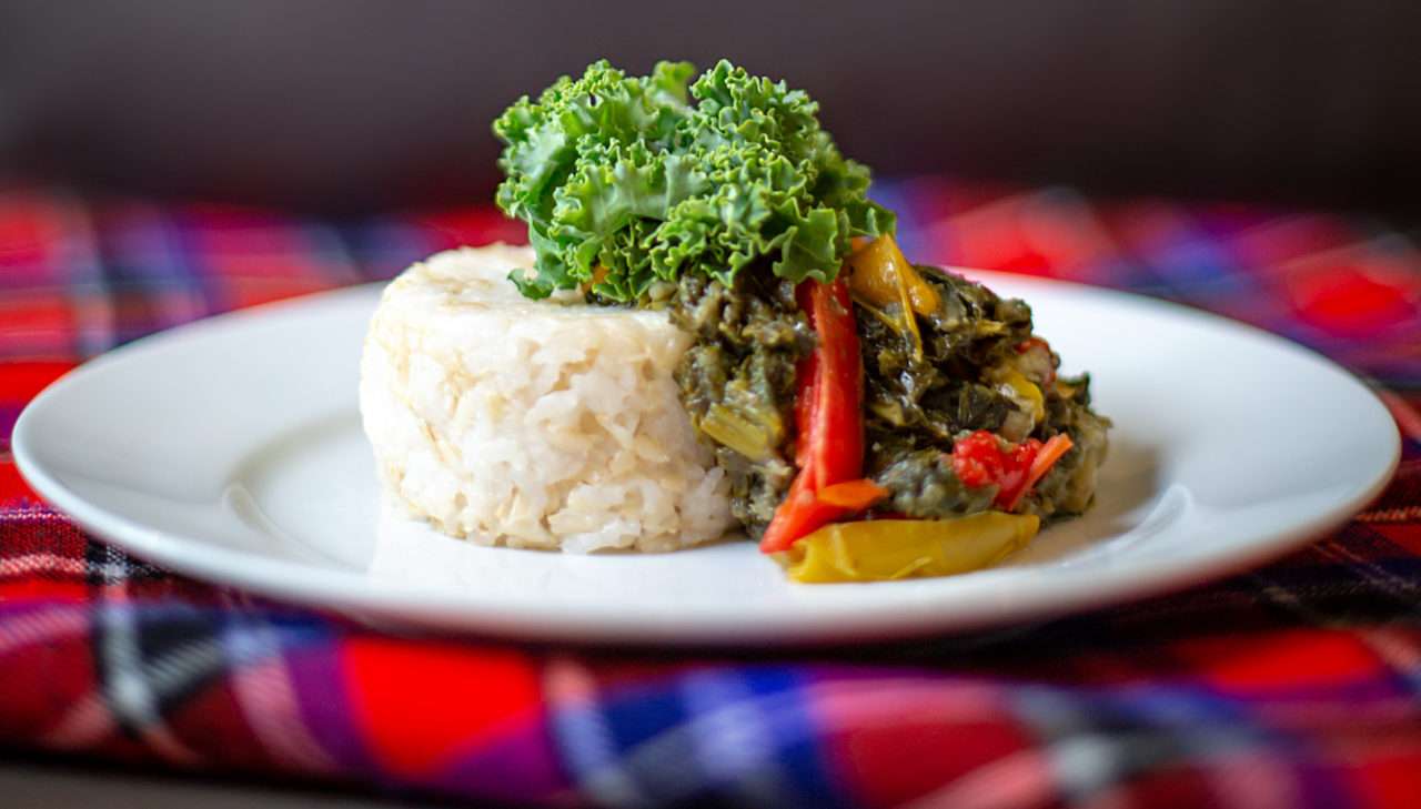 Isombe (cassava leaves with peanut sauce)